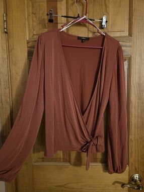 Lulu's Rust-Brown Long Sleeve Wrap Top with Side Tie